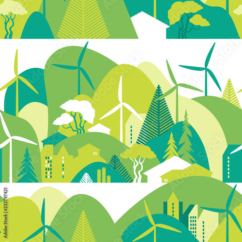 Cityscape seamless pattern in green hills. Preservation of the environment, ecology, alternative energy sources. Vector illustration.