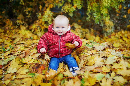 Baby girl playing with colorful autumn leaves outdoors