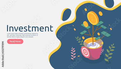 Business management growth concept. Returns on investment isometric vector illustration with money coin plant in flower pot. template for web landing page, banner, presentation, social media