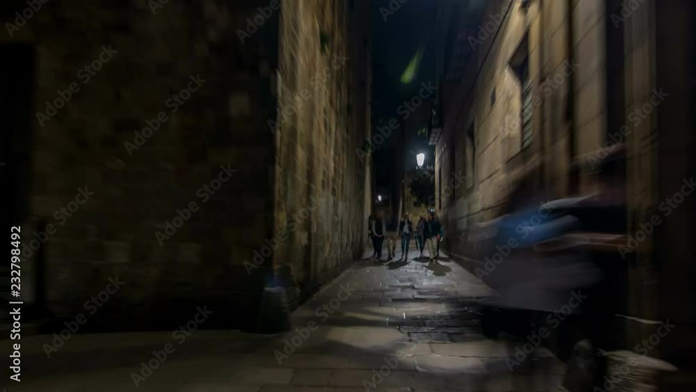 Fast walk through narrow street in the Old Town timelapse hyperlapse, Barcelona. Gothic district illuminated at night Fast walk through narrow street in the Old Town timelapse hyperlapse, Barcelona. Gothic district illuminated at night