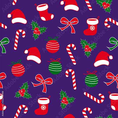 Seamless christmas pattern with lolipop candy, christmas ball, santa claus socks and hat, bow ribbon and holly berries red, white nad green on dark violet background. Cute simple flat vector, design