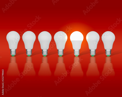 7 light bulbs on a red background  one had an idea