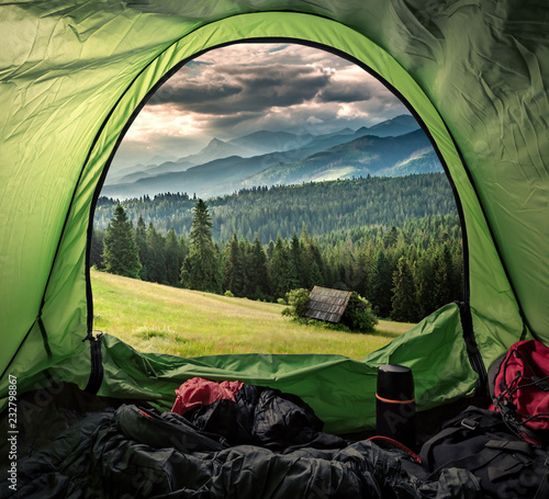 View from tent to green valley in Tatra mountains
