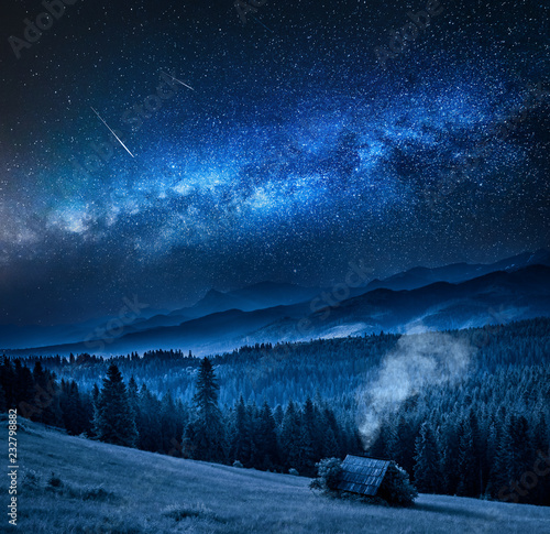 Fototapeta Naklejka Na Ścianę i Meble -  Milky way over wooden cottage in Tatra mountains at night