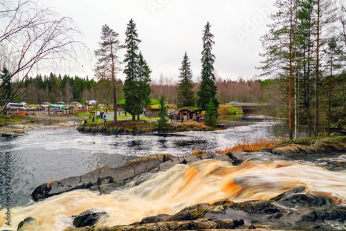 Waterfall Tokhmayoki Ruskeala top view. Karelia, Russia. photo