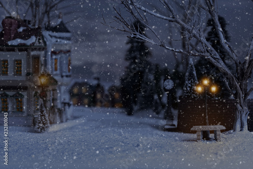 christmas village with bench and lantern