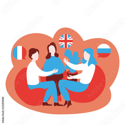 Flat speaking club and discussion class. Multilingual Cartoon students learn English, French and Russian in school, learning foreign languages course. Conversation with flag in speech bubble
