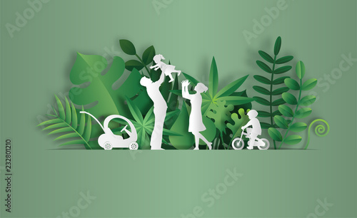 Paper art style of landscape with family enjoy fresh air in the park, save the planet and energy concept, beautiful green leaves background, flat-style vector illustration.