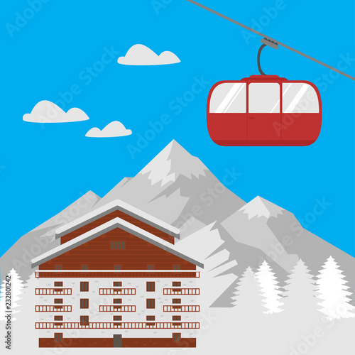 Ski resort vacation, winter hotel Mountain House. Landscape village with cottage for holiday travel. Xmas season tourism in alps. Lodge aerial tramway, cable car gondola