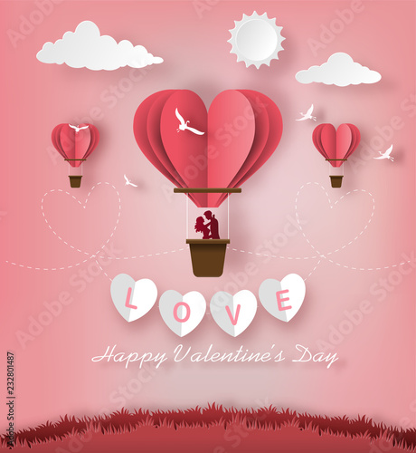 Cute couples in love hugging, staring at each other's eyes and standing inside a basket of an air balloon, paper art style, flat-style vector illustration.