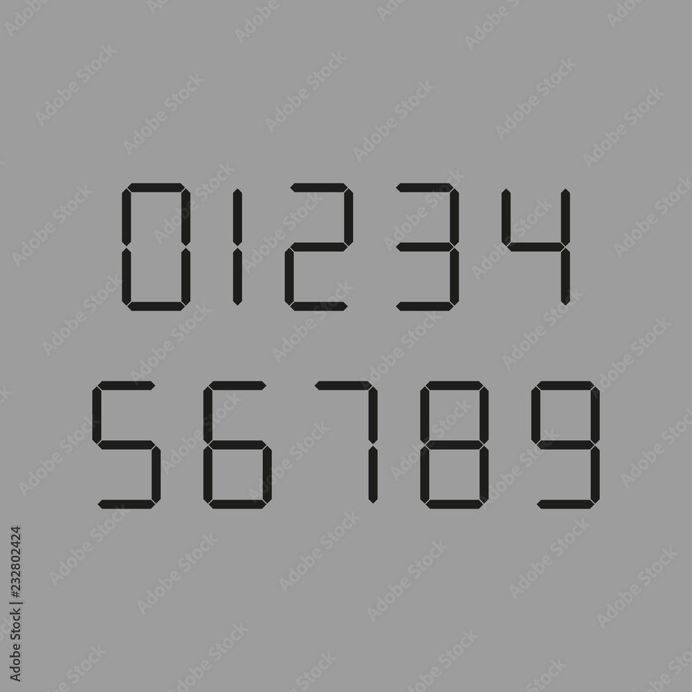 Black calculator digital numbers. Vector illustration isolated on gray background.
