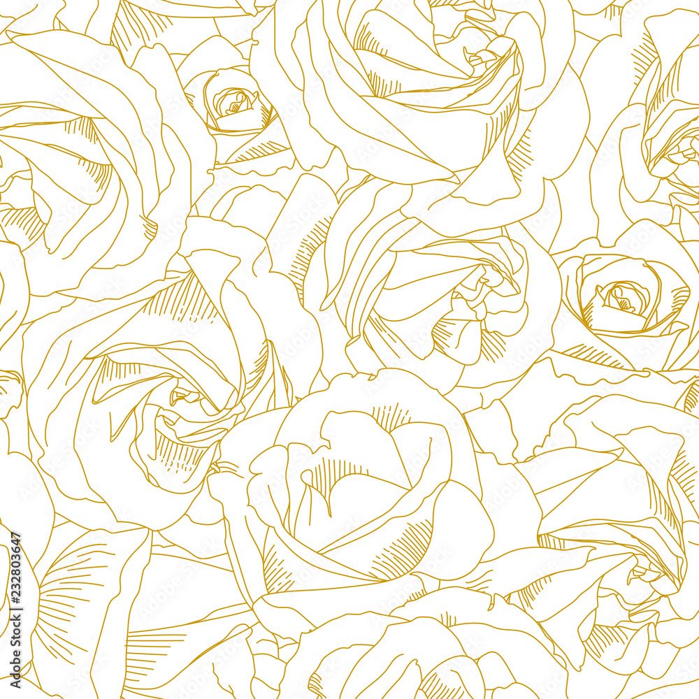 Fototapeta Roses bud outlines. Seamless pattern with flowers in yellow and golden colors. Abstract art, hand-drawn romantic background. Vector illustration, eps10. Template for textile, wrap paper, covers.