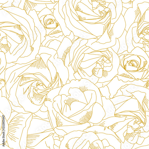 Roses bud outlines. Seamless pattern with flowers in yellow and golden colors. Abstract art, hand-drawn romantic background. Vector illustration, eps10. Template for textile, wrap paper, covers.