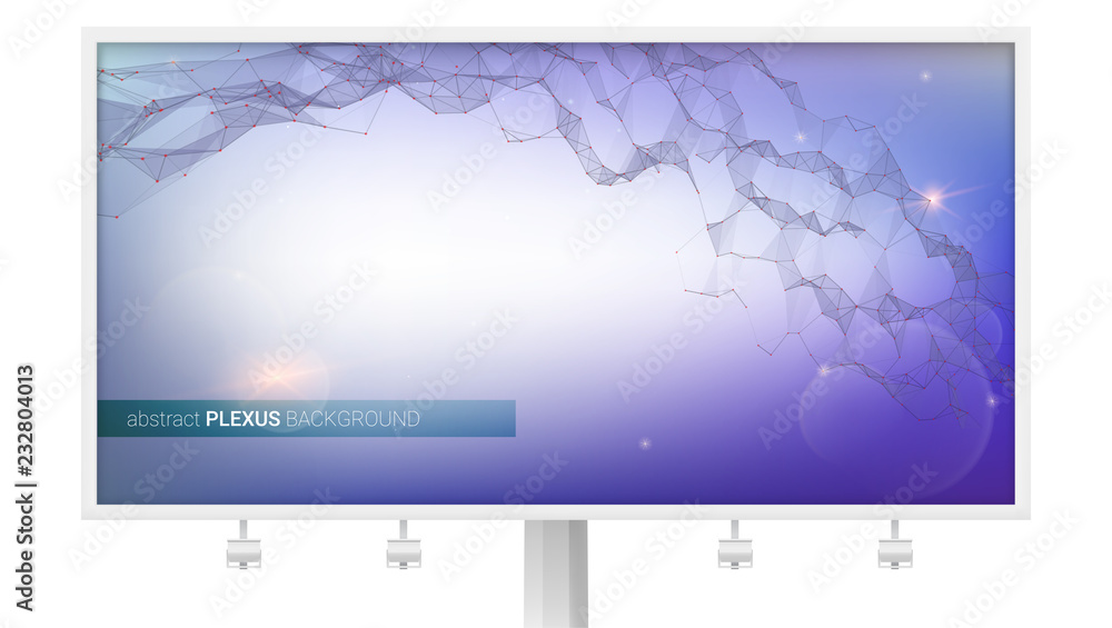 Billboard with abstract digital background. Plexus of communication connection. Structure of virtual reality, DNA. Connected dots and triangular cells. Vector 3D illustration.