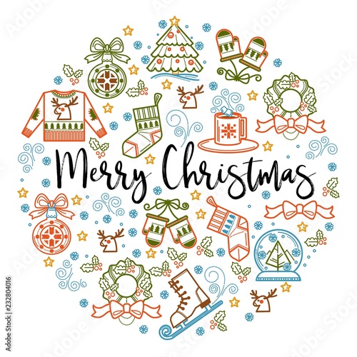 Merry Christmas symbolic icons placed in circle with text