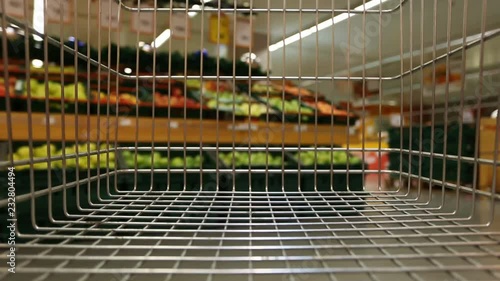 Shopping cart moving through grocery store
