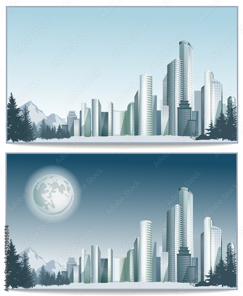 Panorama of vector city with big buildings. City downtown in day and night.