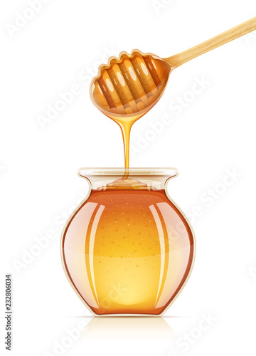Jar and dipper for honey. Glass can preservation liquid food.