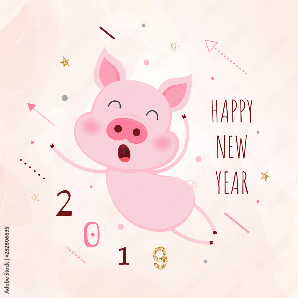 Little Pig. Chinese New Year greeting card. The year of the pig.