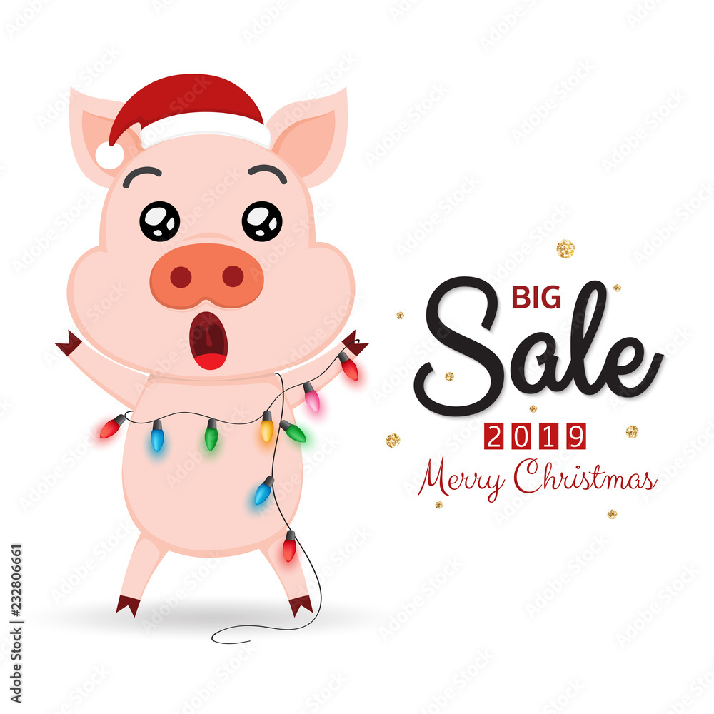 Winter sale banner with cute pig and Christmas lights. Winter sale banner with cute pig and Christmas lights.
