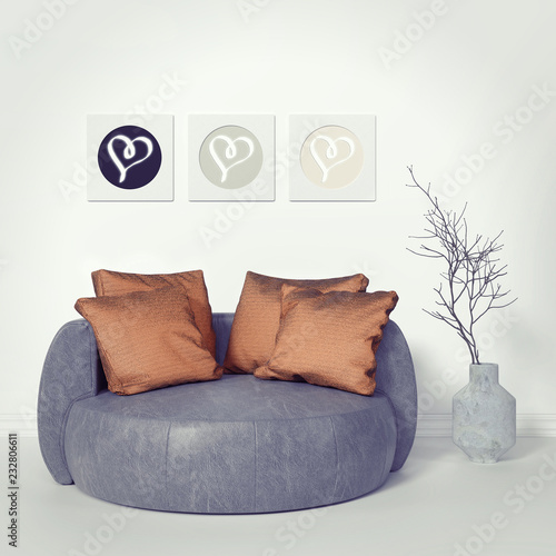 Beautiful Interior Design Scene with a Round Grey Leather sofa