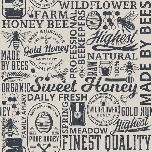 Retro styled honey seamless pattern, logo and icons
