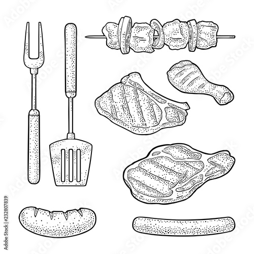 Barbecue grill top view charcoal, kebab, mushroom, tomato, pepper, steak