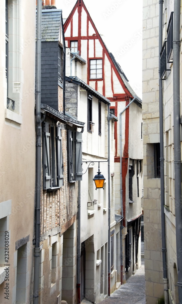 Ville de Chinon, ruelle et vieilles façades du centre historique, colombages, département d'Indre-et-Loire, France	