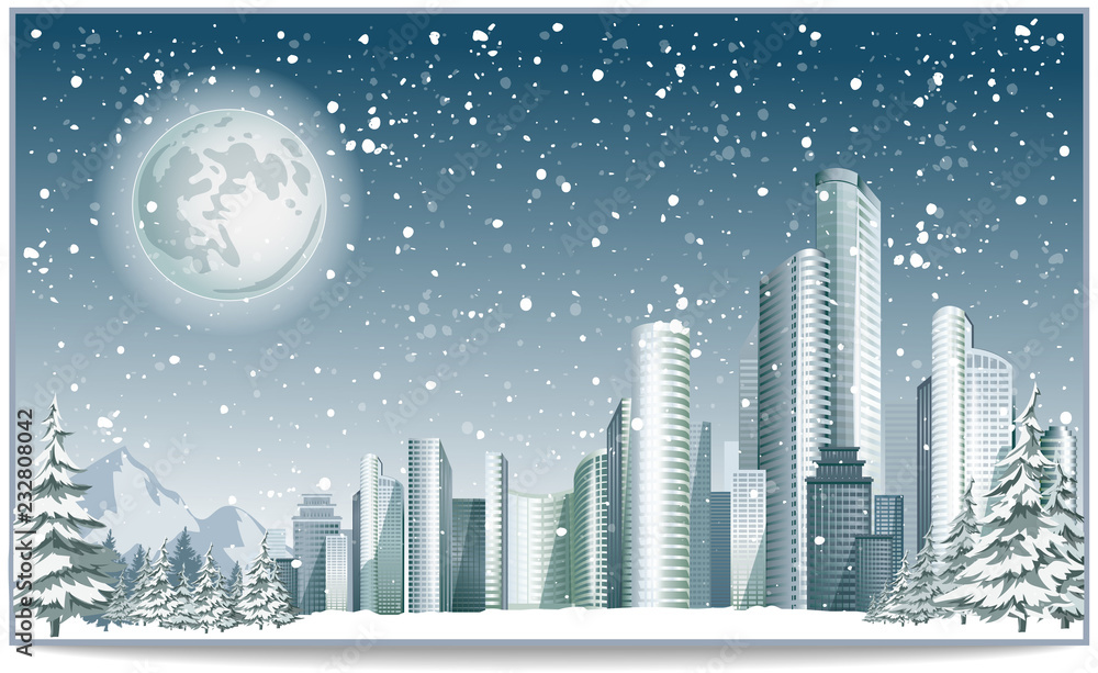 Panorama of vector winter city with big buildings. City downtown in snowy night.