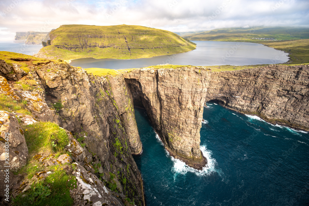 Lake Leitisvatn (Vagar Island) over the Ocean, Faroe Islands, Denmark, Europe