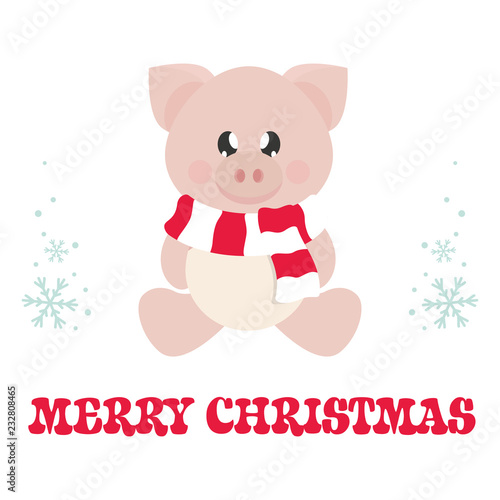 winter cartoon pig with scarf sitting and christmas text © julia_january