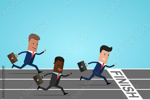 Businessmen running to finish on running track, business goal concept. Race. Businessmen running down the track. Vector illustration