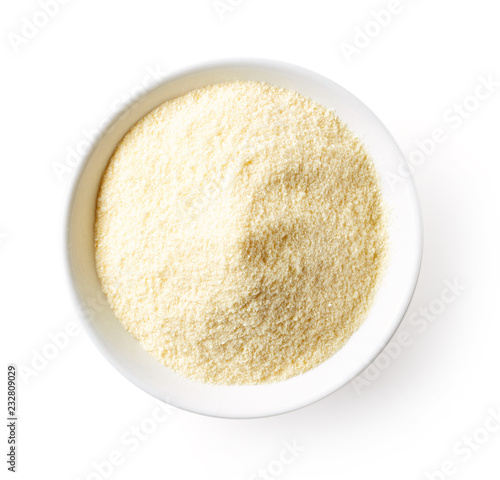 Corn porridge powder isolated on white, from above