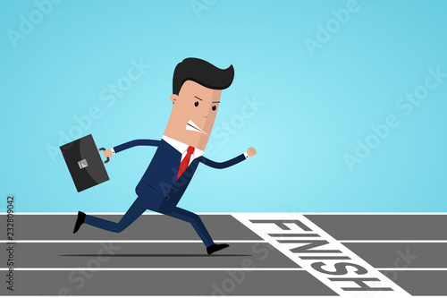 Businessman at finish line. Businessman running with briefcase, business, energetic, dynamic concept. Businessman running down the track. Vector illustration