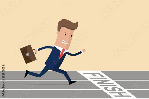 Businessman at finish line. Businessman running with briefcase, business, energetic, dynamic concept. Businessman running down the track. Vector illustration