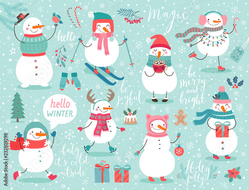 Christmas set with cute snowmen.