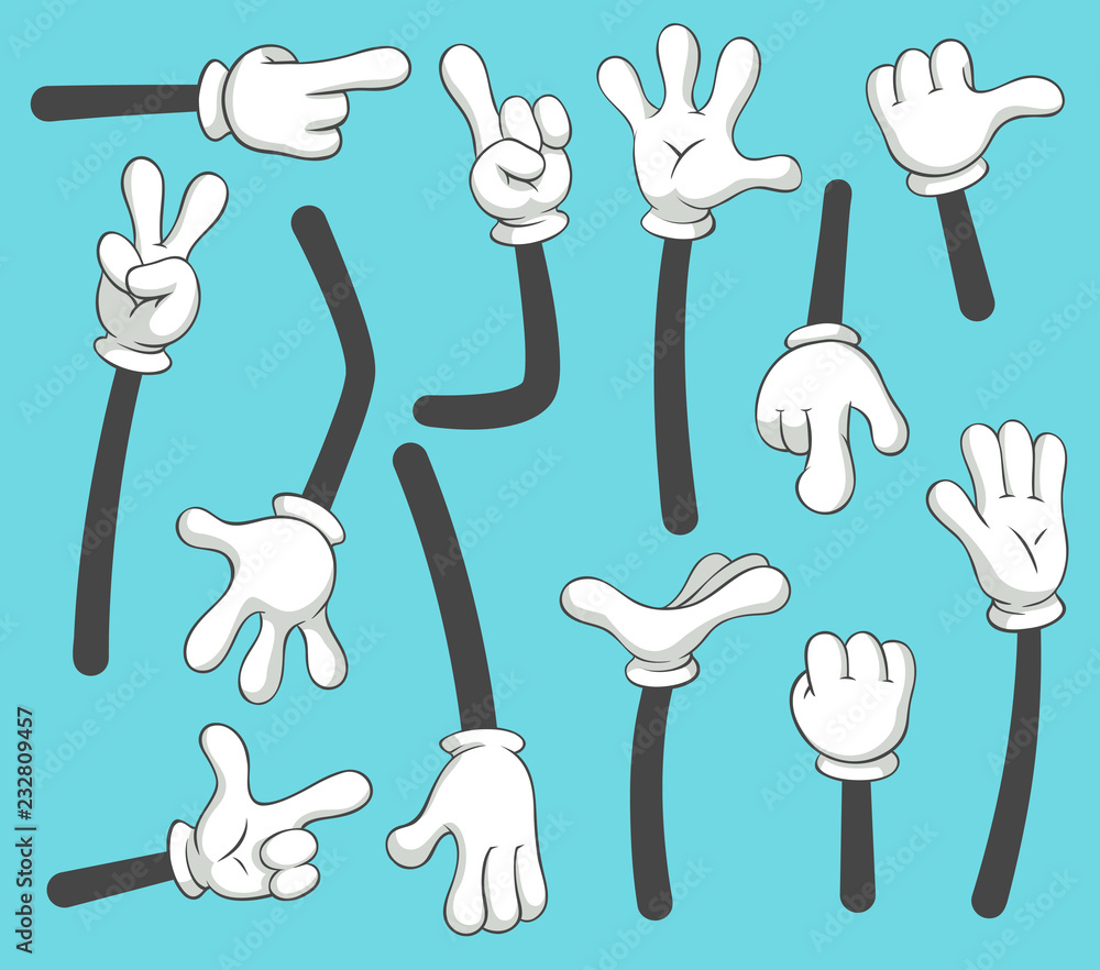 Cartoon arms. Doodle gloved pointing hands, different human point arm ...