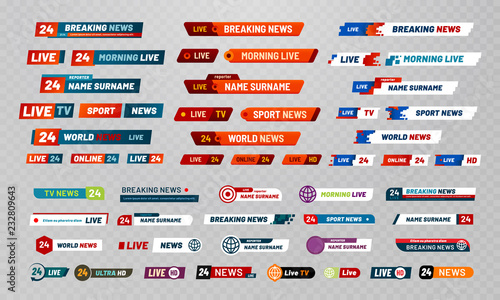 Tv broadcast title. Television broadcasting channels banners, show titles and news live video banner vector set