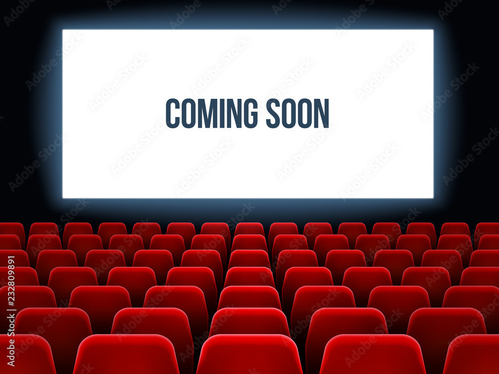 Cinema hall. Movie interior with coming soon text on white screen and empty red seats. Movie theater vector background