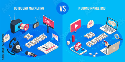 Outbound and inbound marketing. Isometric market advertising generations, online markets sales magnet and ads megaphone vector concept