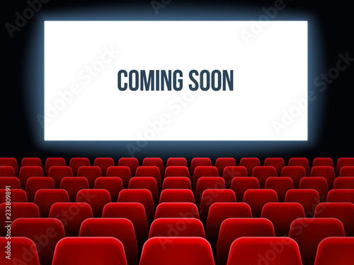 Cinema hall. Movie interior with coming soon text on white screen and empty red seats. Movie theater vector background