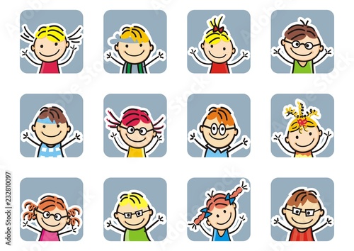 Happy kids, portraits, group of children, isolated objects, vector icons
