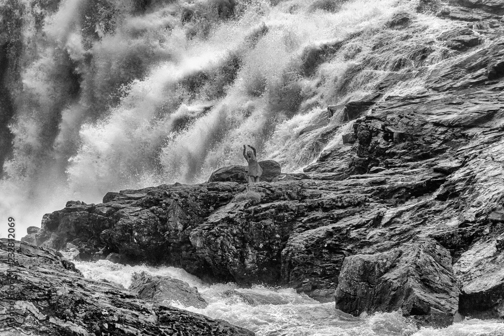 Kjosfossen is a waterfall located in Aurland municipality in Sognefjord Fjordane county, Norway. The waterfall is one of the most visited tourist attractions in Norway. Black and White picture