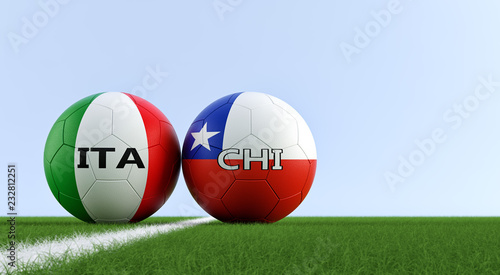 Italy vs. Chile Soccer Match - Soccer balls in Italy and Chile national colors on a soccer field. Copy space on the right side - 3D Rendering 