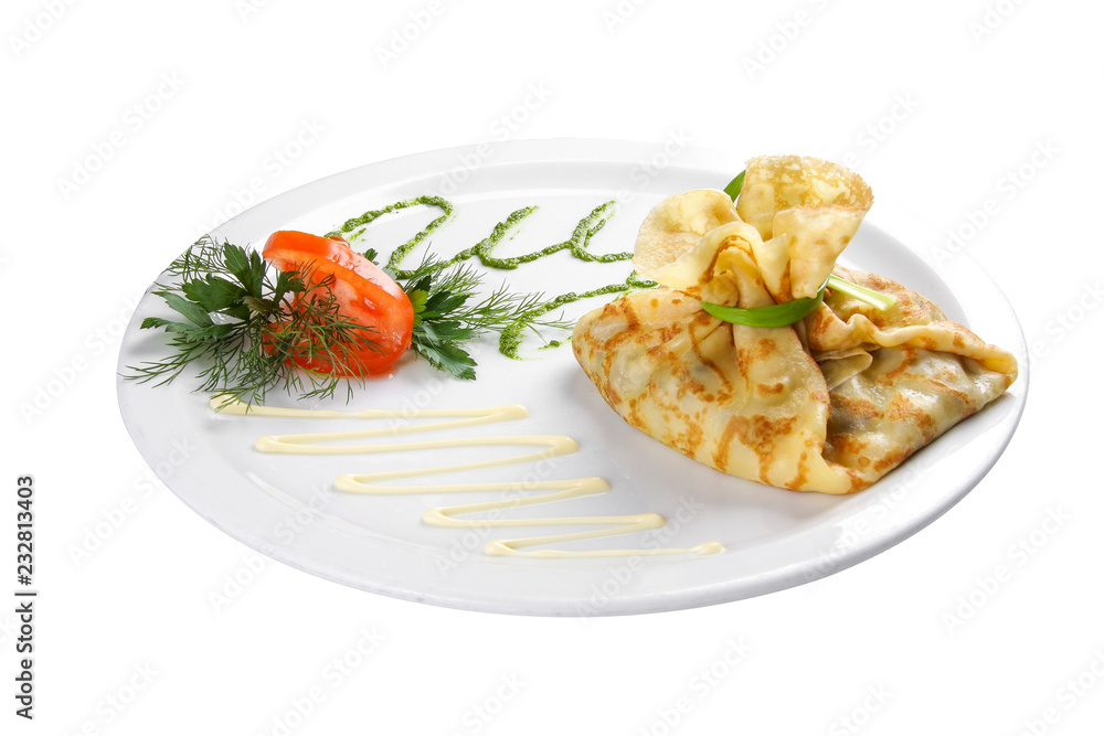 Pancakes and wheat flour with filling. On a white background Pancakes and wheat flour with filling. On a white background