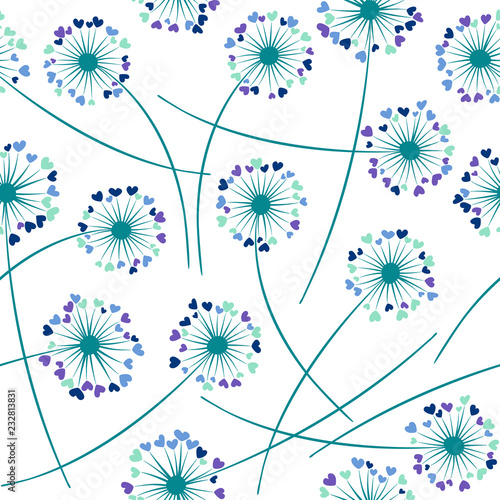 Dandelion blowing plant vector floral seamless pattern. Flowers with heart shaped petals.