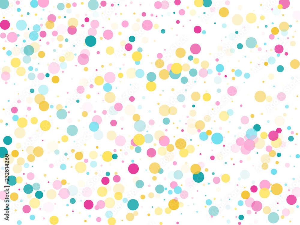 Memphis round confetti festive background in cyan blue, pink and yellow. Childish pattern vector.