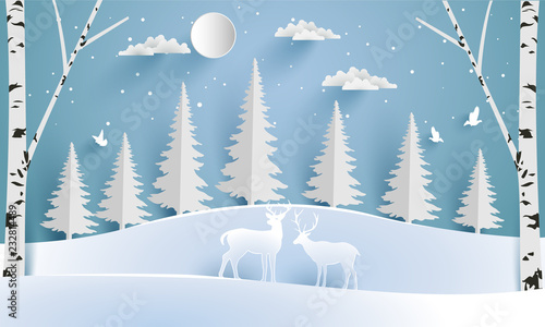 deer in the forest in the winter. paper art design