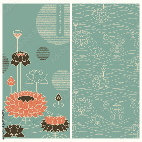 japanese pastel set with vector card and seamless vector patterns. design with water lilies and waves