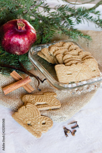 Typcial traditional almond biscuits for the Christmas holidays called "Spekulatius" cookies with spices and almonds. Selective focus